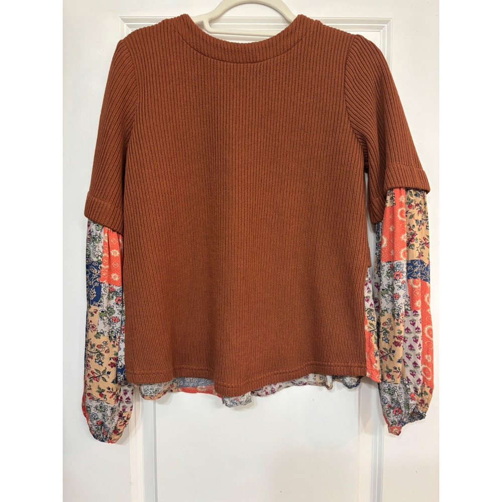 VOY Womens Rust Ribbed Knit Patchwork Floral Mixed Media Sweater Top Small Boho